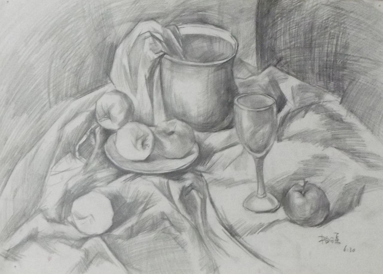 杯子、水果和盘子等静物组合 柏瑶画