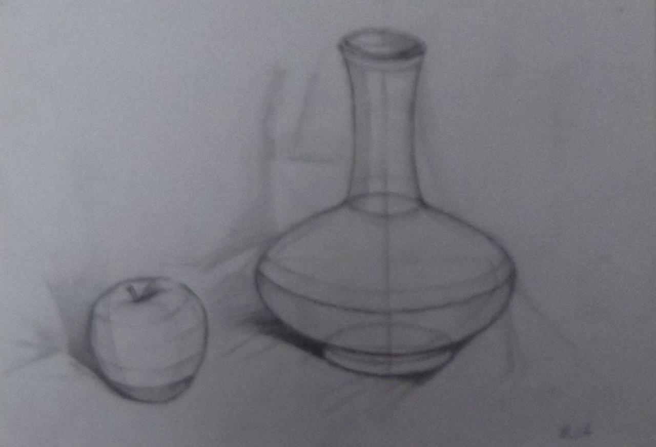 花瓶和水果结构素描 张江禹画