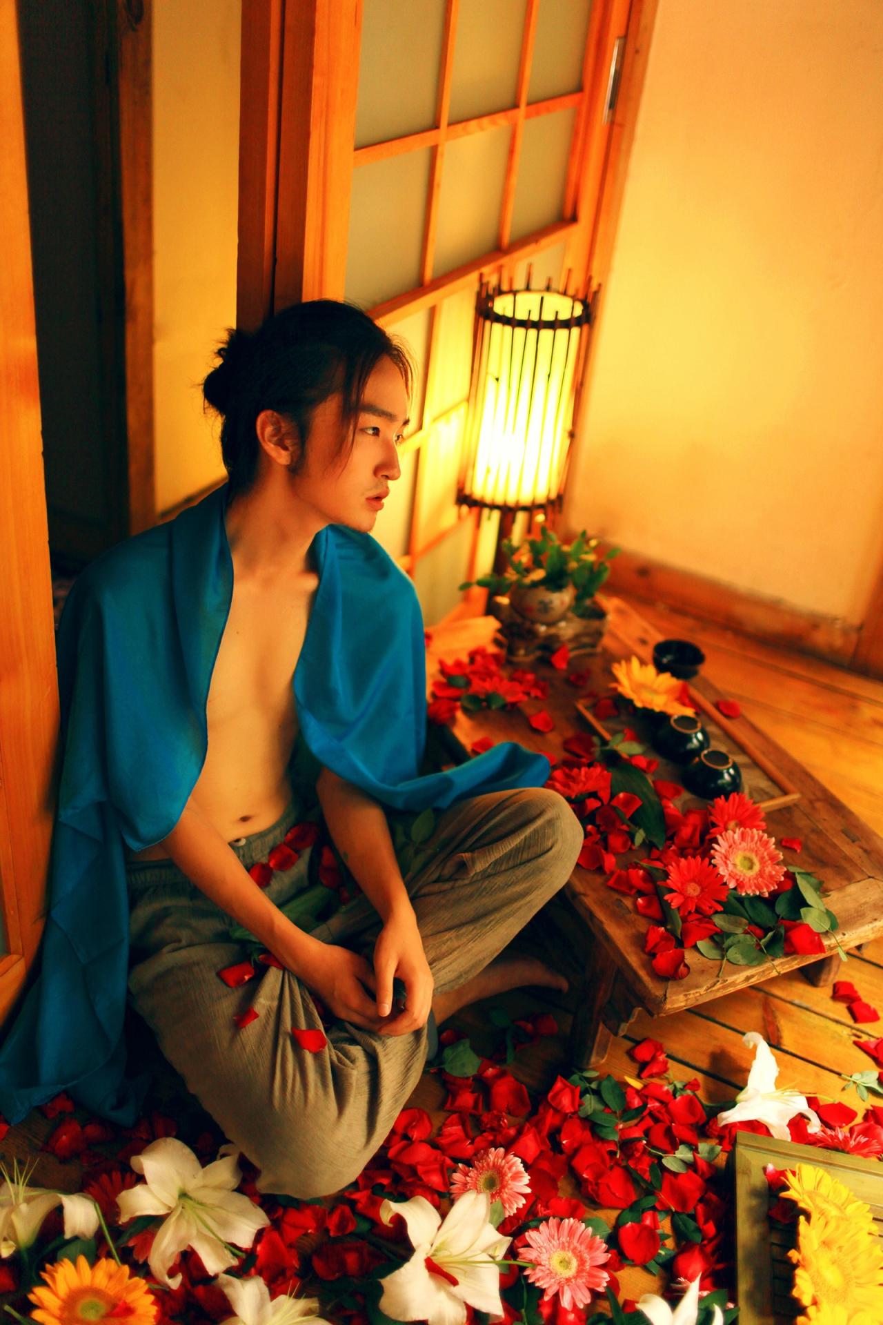 海滩上的野狮坐在铺满鲜花的室内