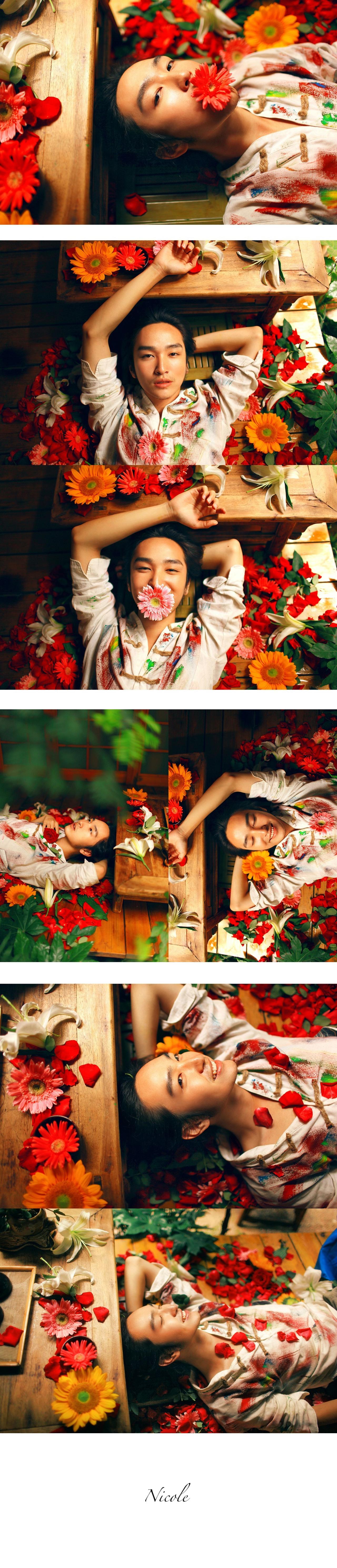 海滩上的野狮装着被鲜花染色的白色上衣的一组照片