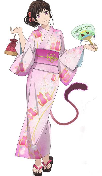 拿着香包、扇子，戴着猫尾巴的穿着粉丝浴衣的动漫模特