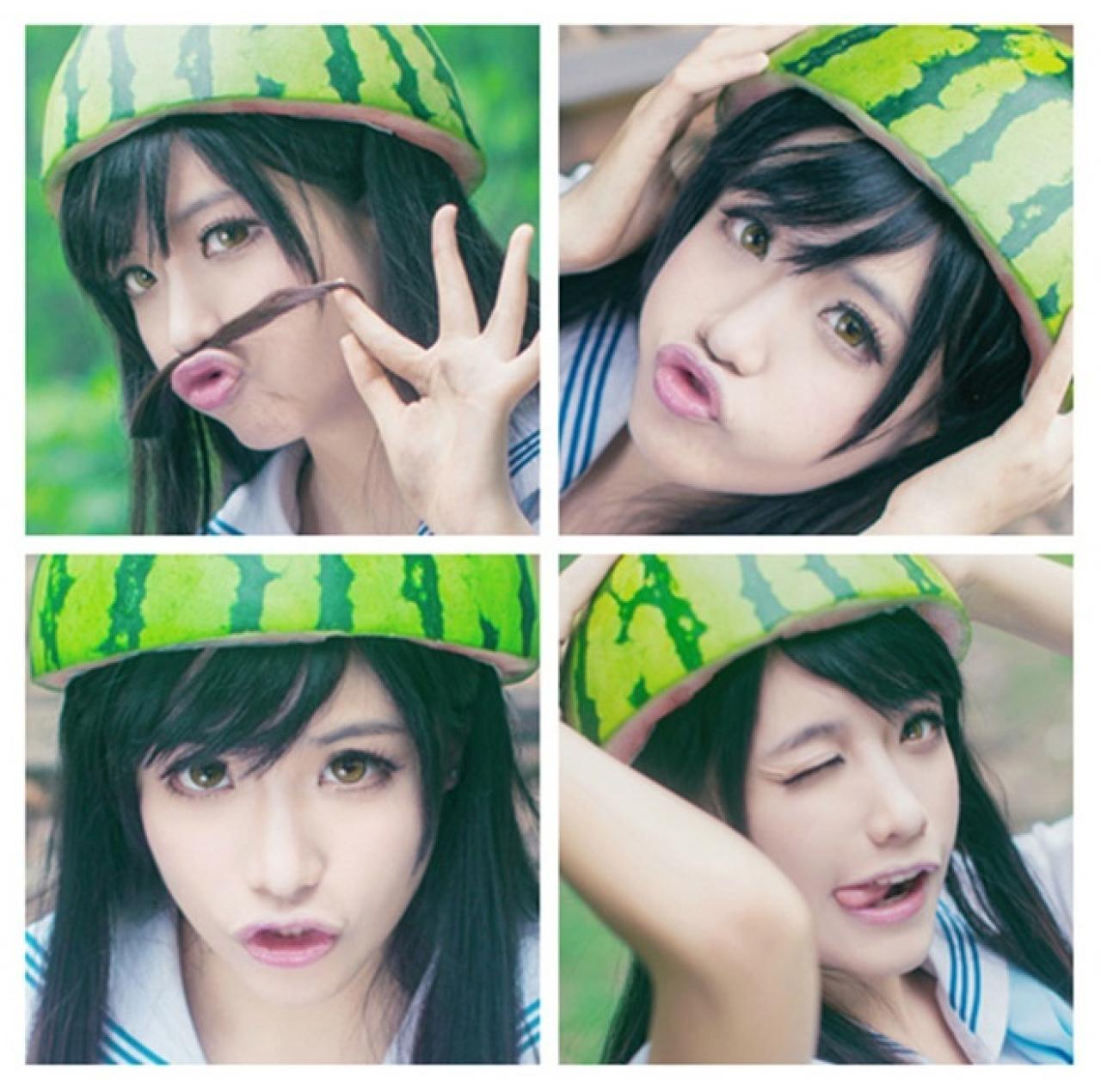 四张头戴西瓜少女嘟嘴卖萌表情