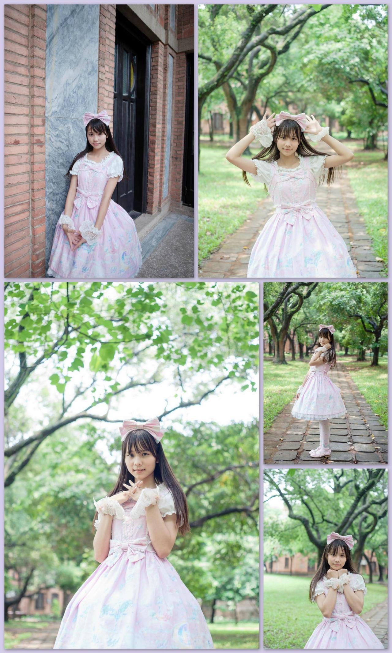 茶子洛丽塔光影系列摆拍组合照，场景是室外的树林为主