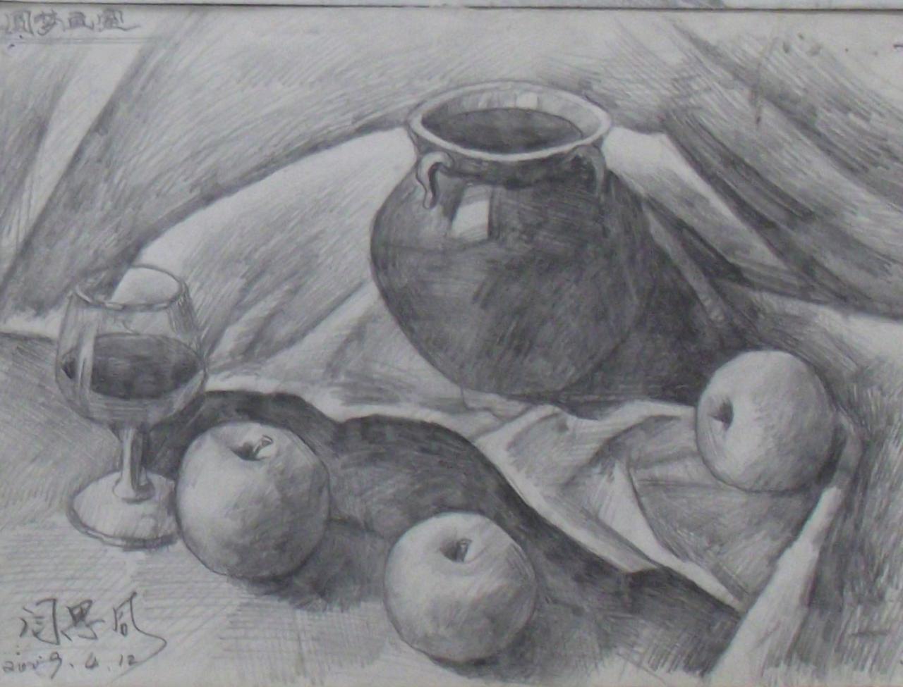 坛子、酒杯、水果等静物组合 闫思同画