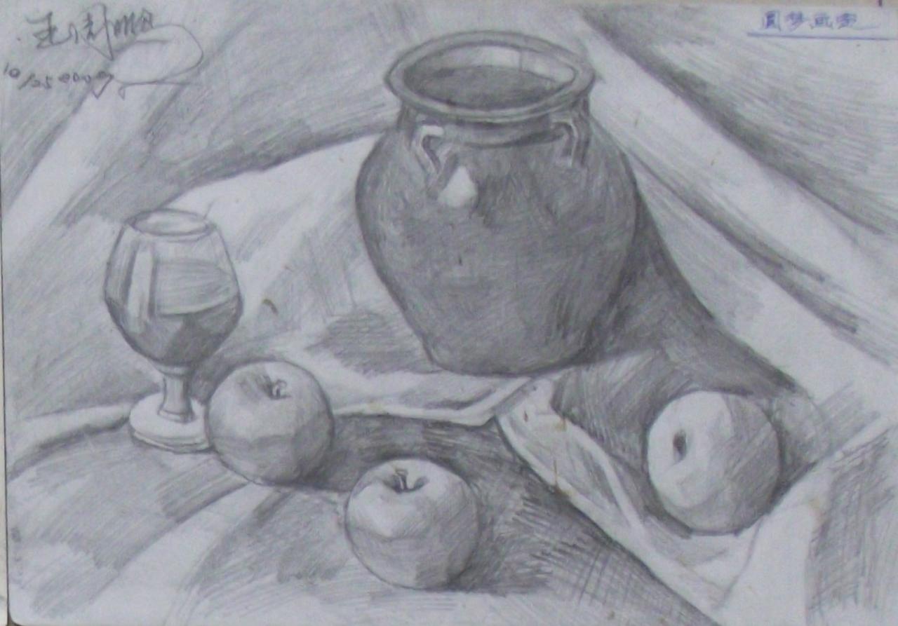 坛子、苹果、酒杯静物素描 王周鹏画