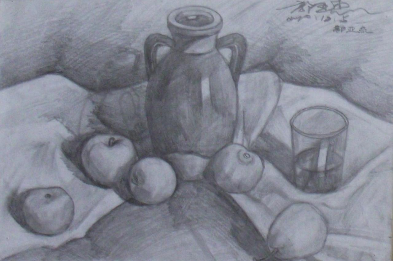 坛子、苹果、杯子静物组合 郭亚杰画