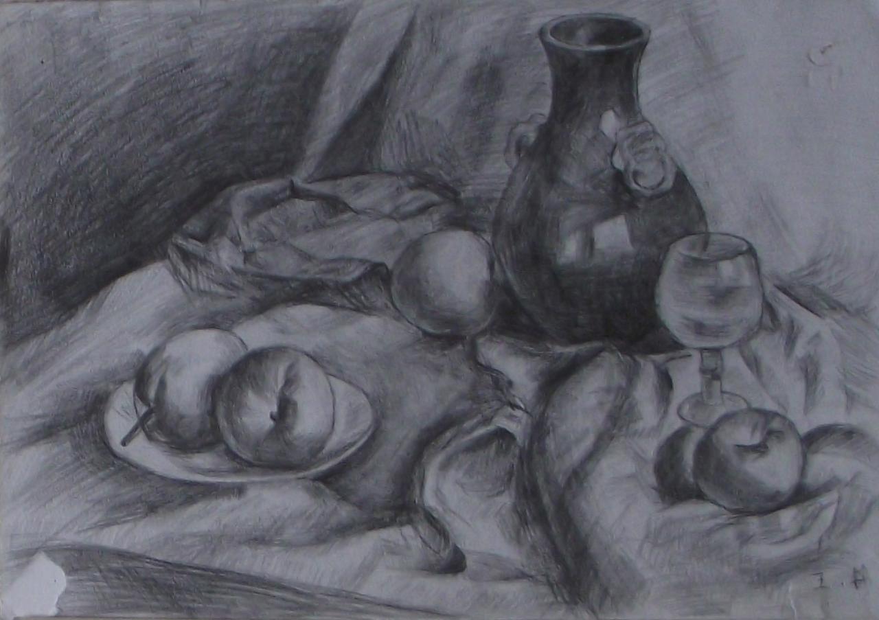 坛子、水杯、盘子和苹果静物素描 王锦画