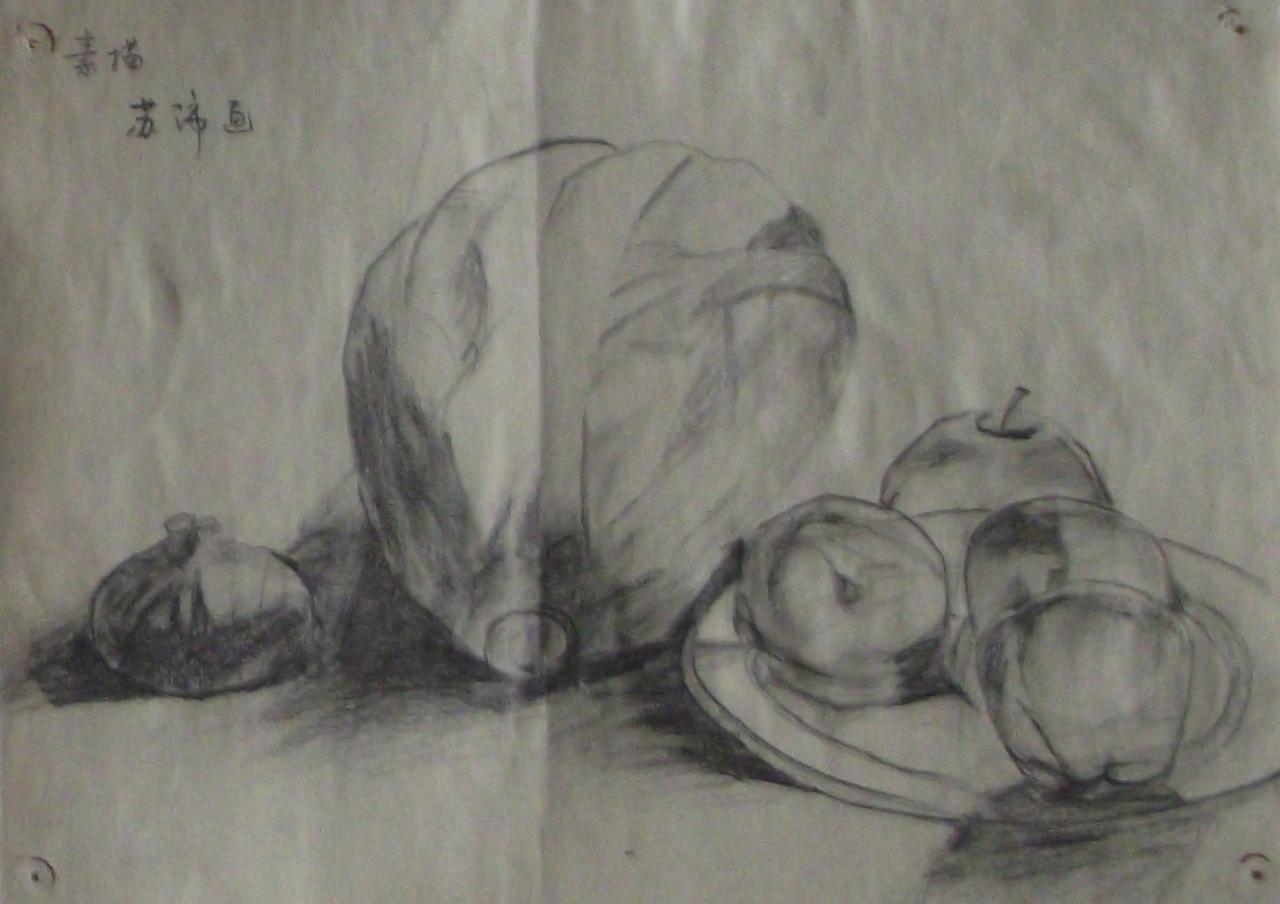白菜水果静物素描 苏沛画