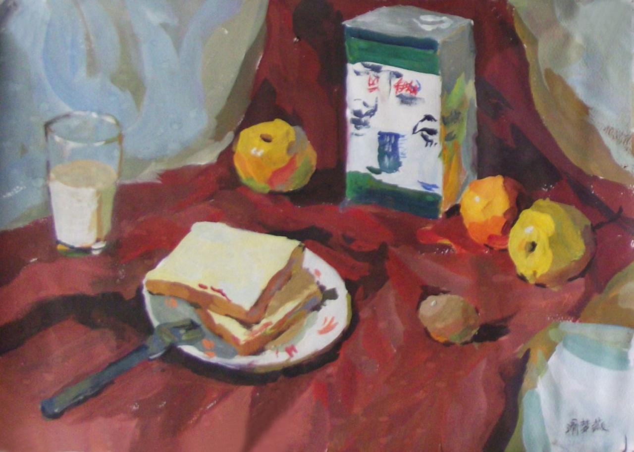 牛奶、面包和梨等水果静物水粉 滑梦薇画