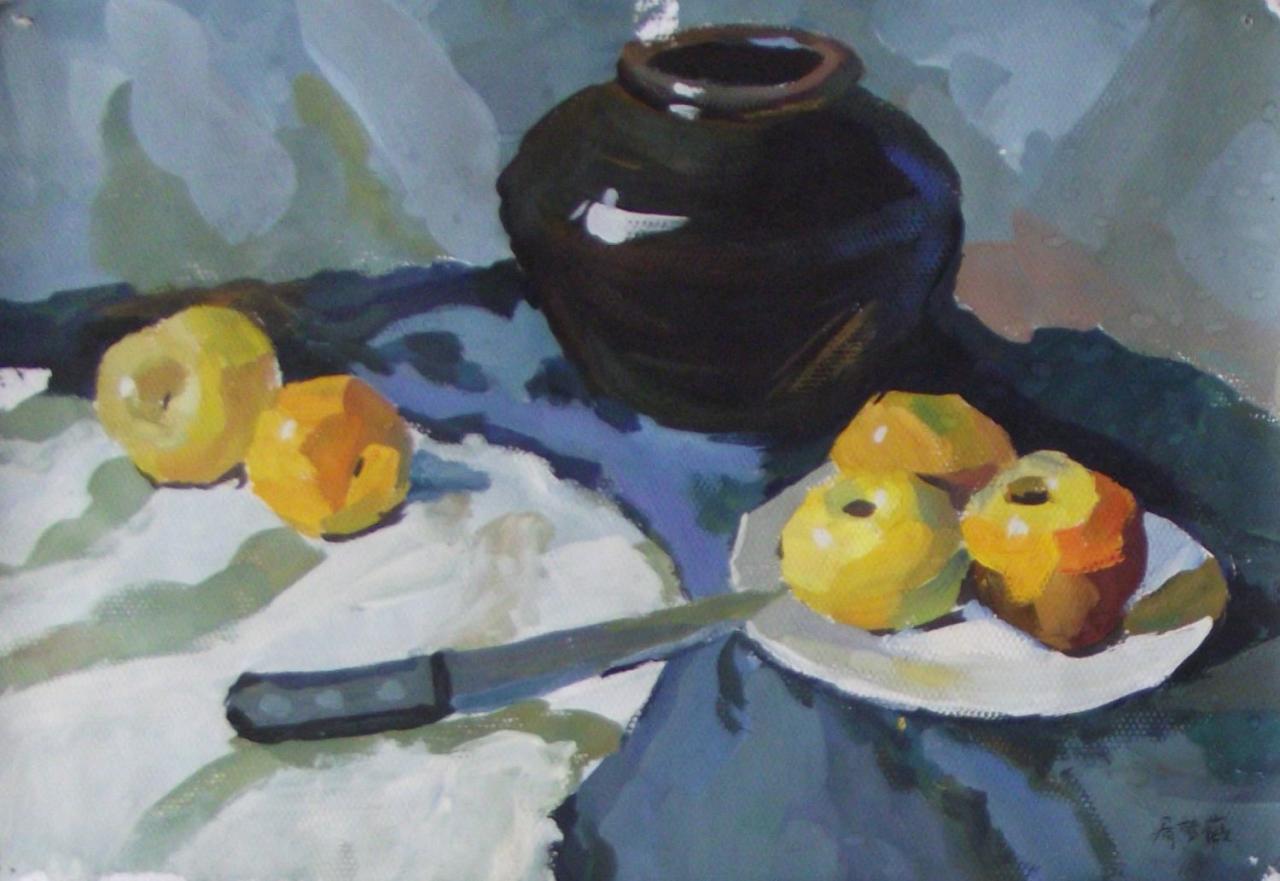 坛子、苹果和水果刀等静物水粉 滑梦薇画