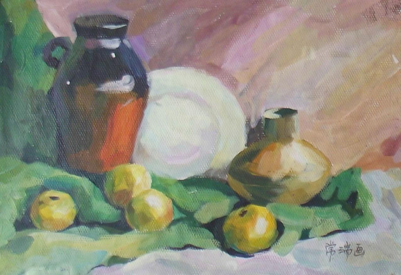 坛子、盘子和水果水粉组合 常瑞画