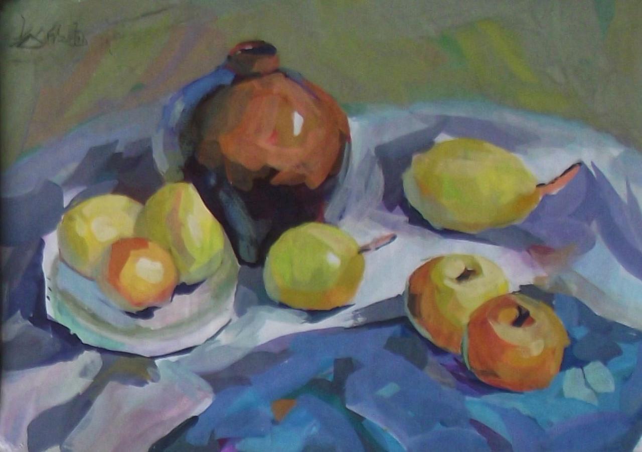 坛子、水果等静物水粉 赵欣画