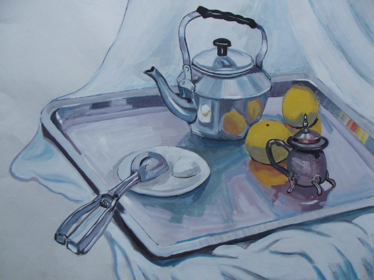 环境色练习 不锈钢水壶、盘子和勺子等水粉静物 吴老师