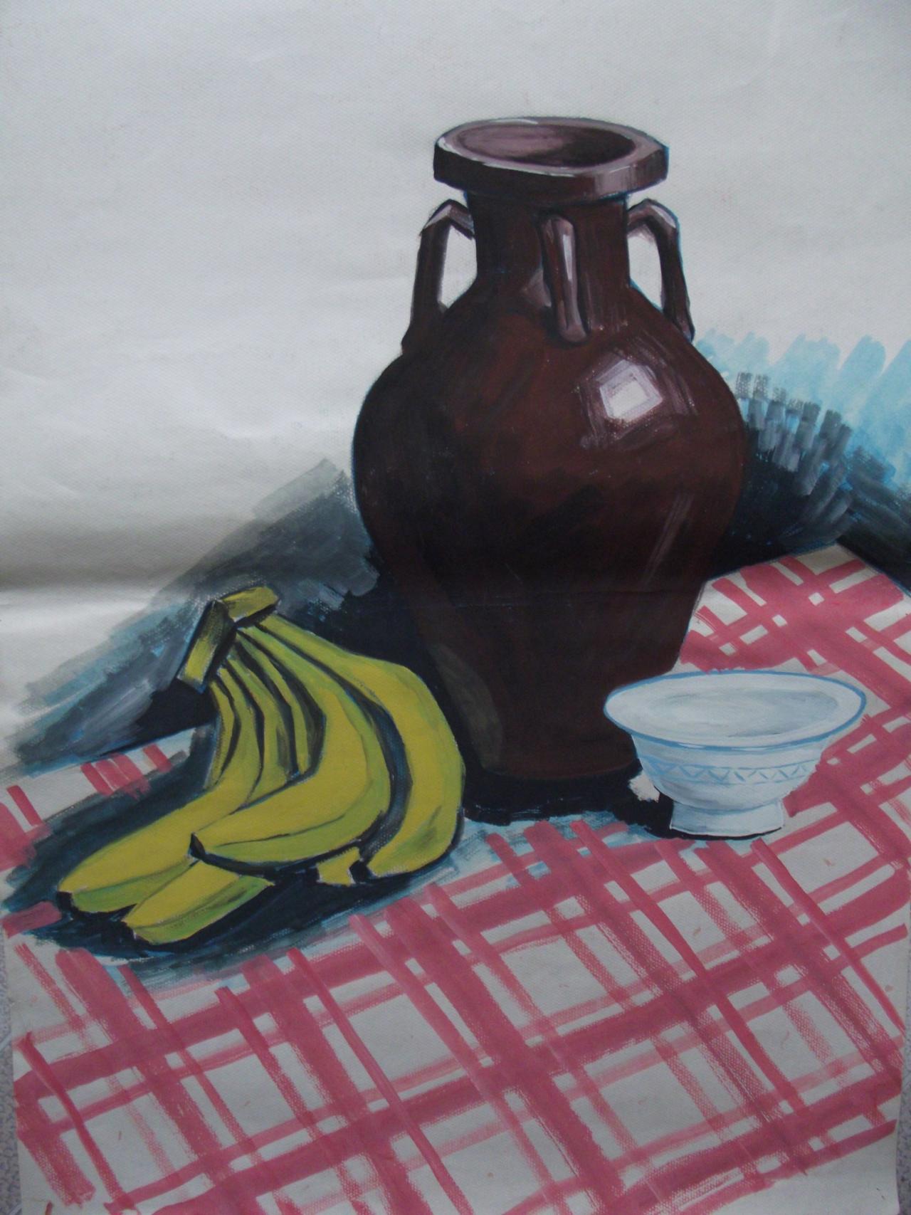 塑料布顶上陶罐、香蕉和碗等水粉静物 吴老师画