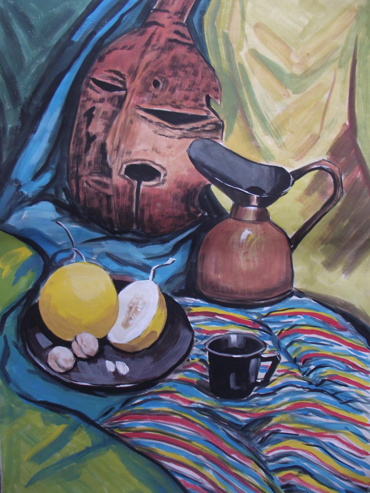 酒壶、皮带子、香瓜、核桃和杯子等水粉静物 吴老师画