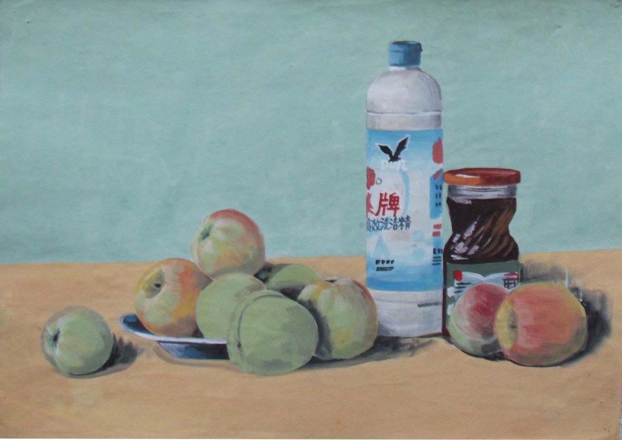 洗洁精、醋爽、桃子和盘子等水粉静物 吴老师画