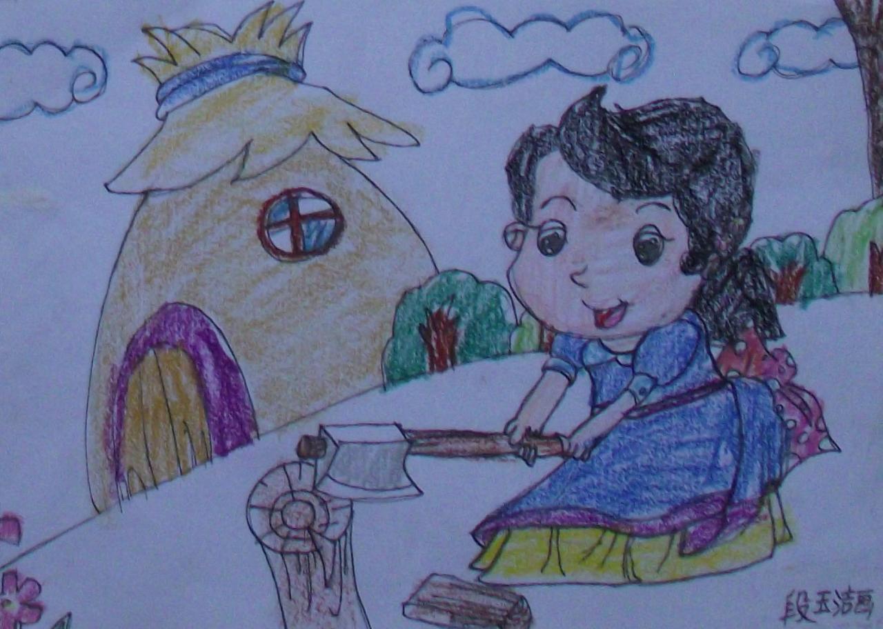 劈柴的女孩 段玉洁画