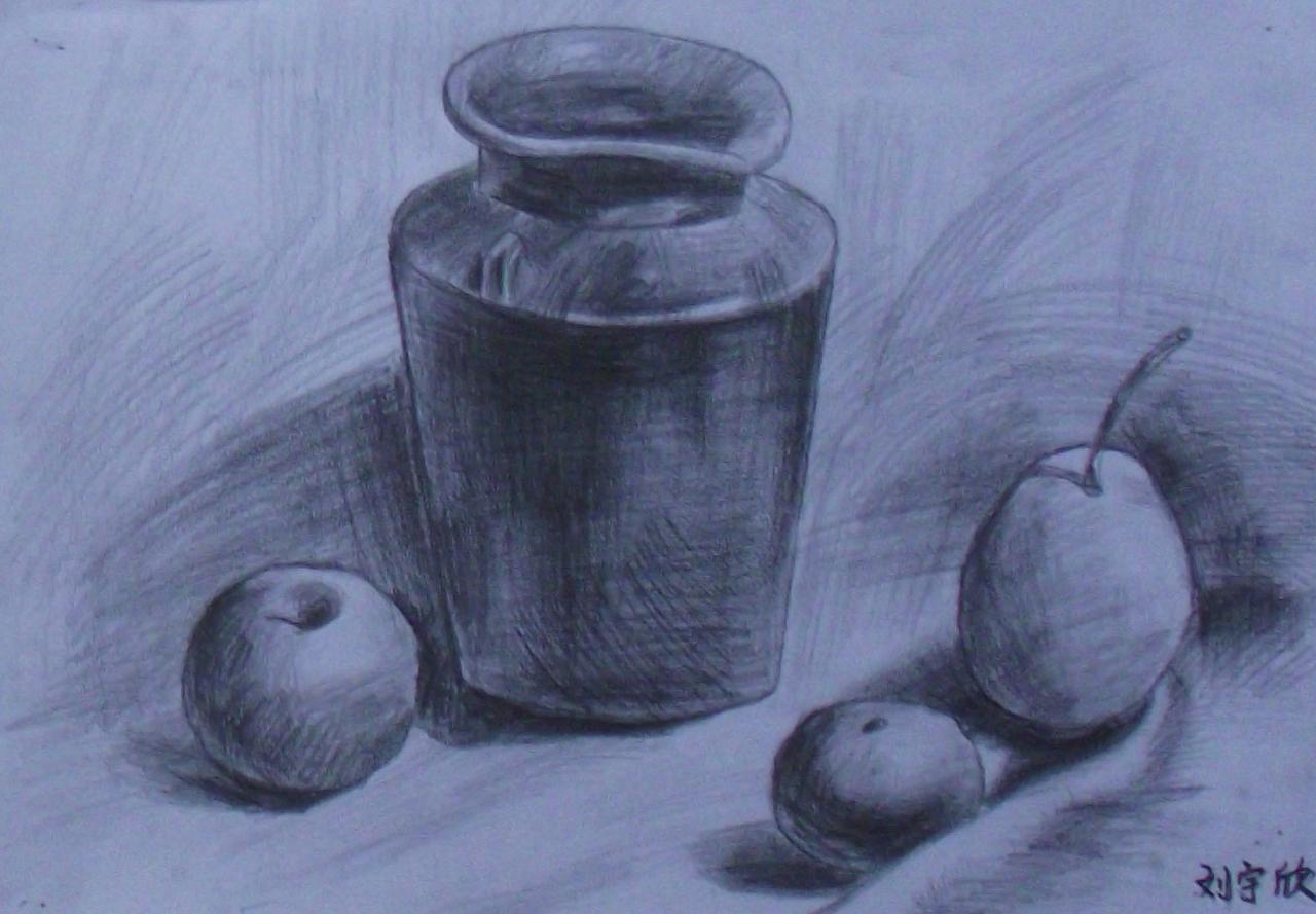 坛子、水果静物素描 刘宇欣画