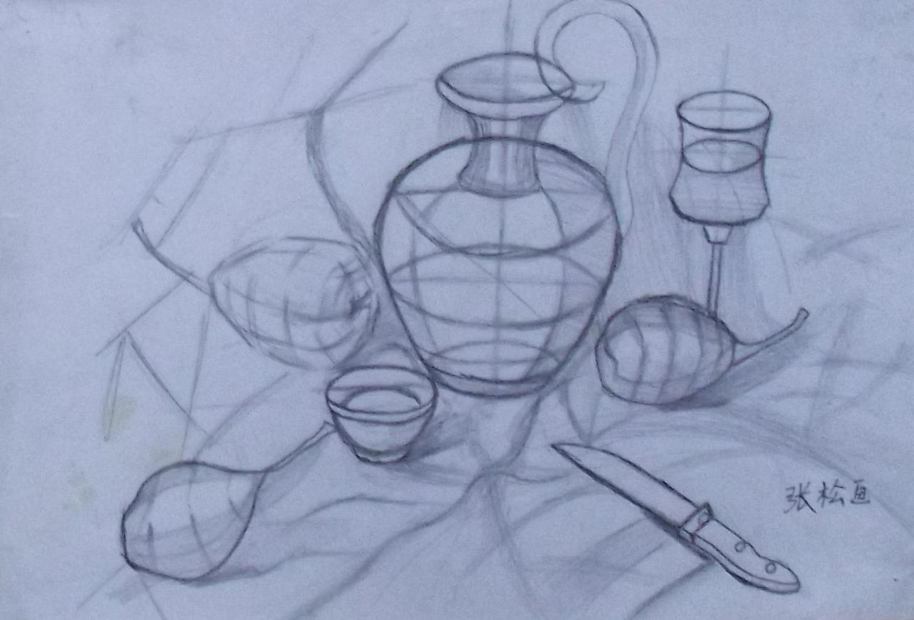 瓶子、水果、小刀结构素描 张松画