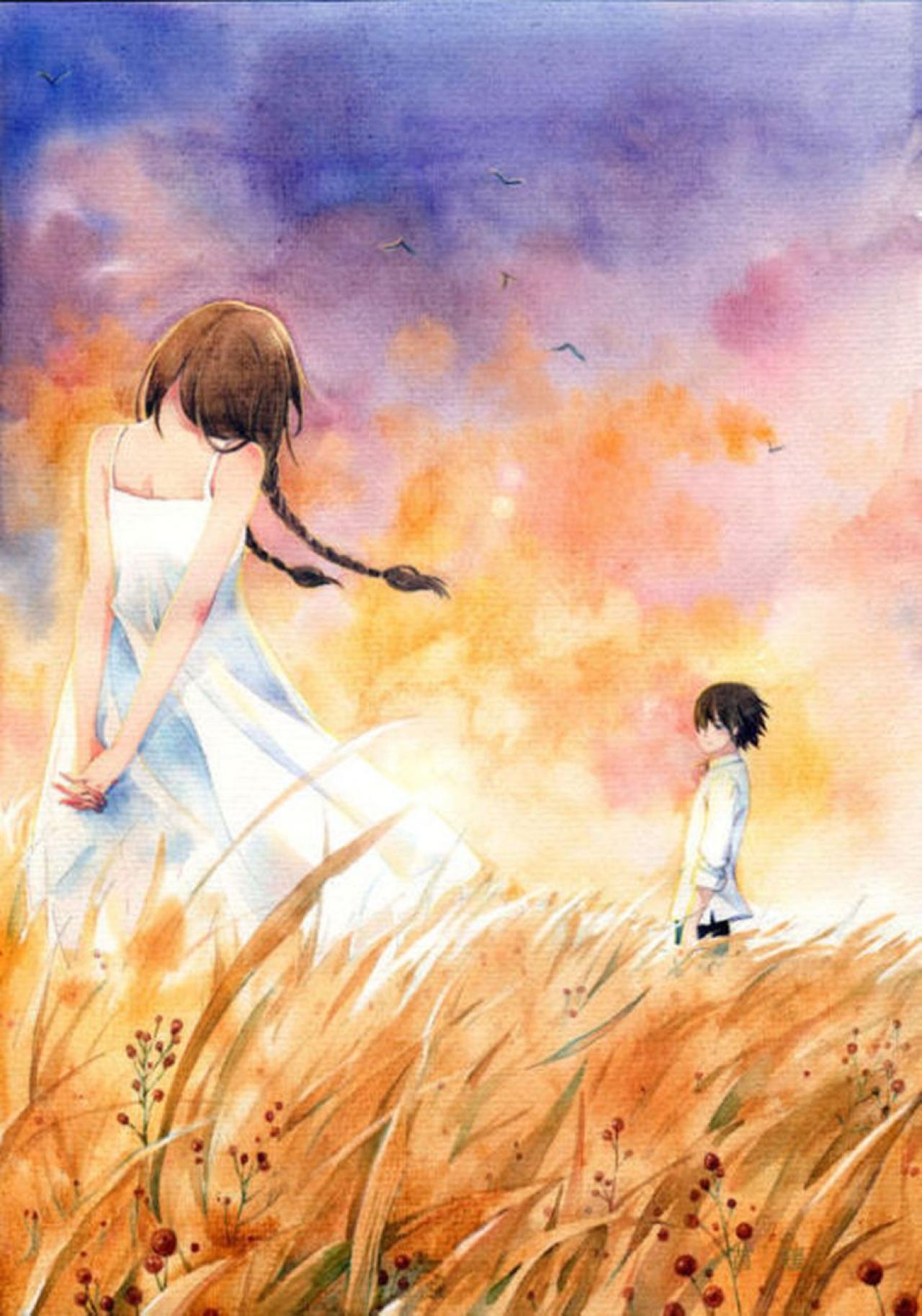 雪原关于爱的诗歌《无题》插画配图 披着双马尾辫的少女在稻田里双手背后，不远处，穿着白衬衫的少年正转身看过来