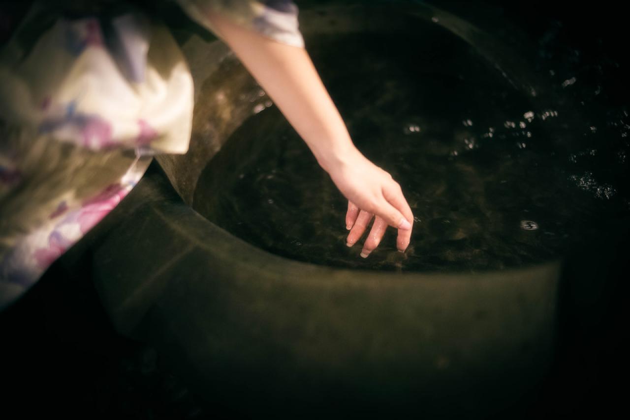 雪雪用手轻轻拨弄缸里的水