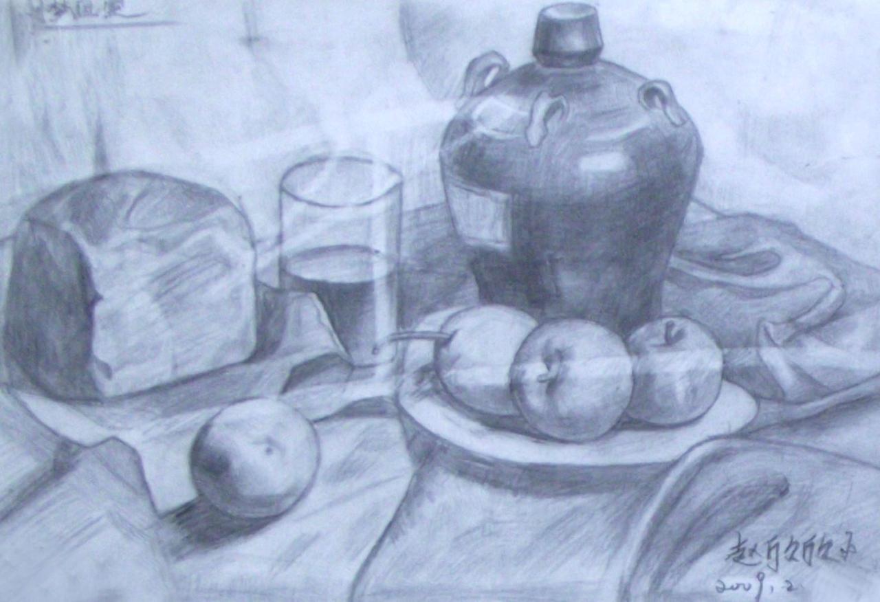 酒坛子、酒杯、面包及苹果 赵欣欣画