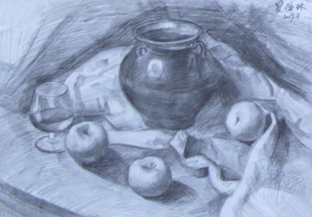 酒坛子、酒杯和水果静物组合 裴泽林画