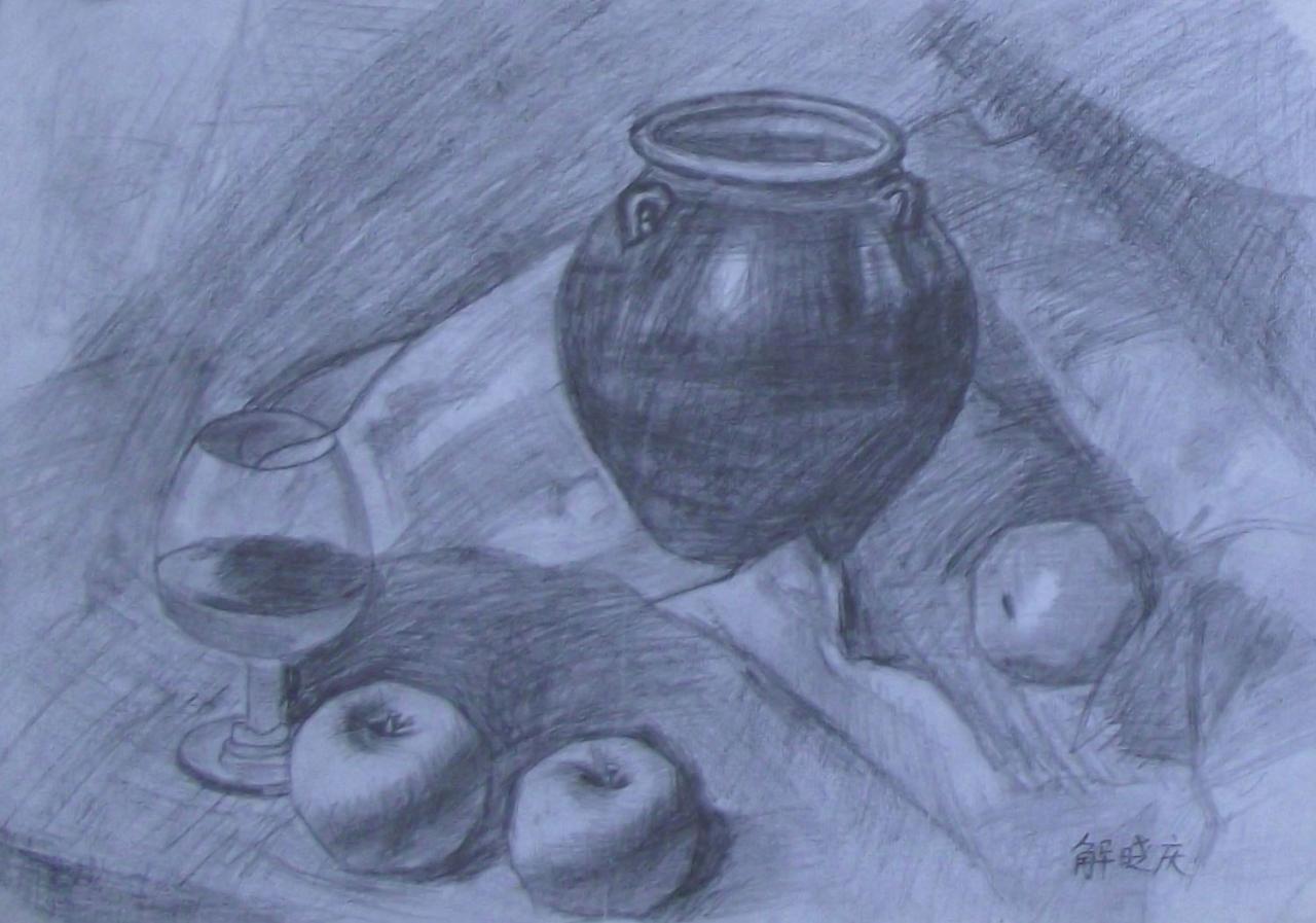 坛子、酒杯和水果 解晓庆画