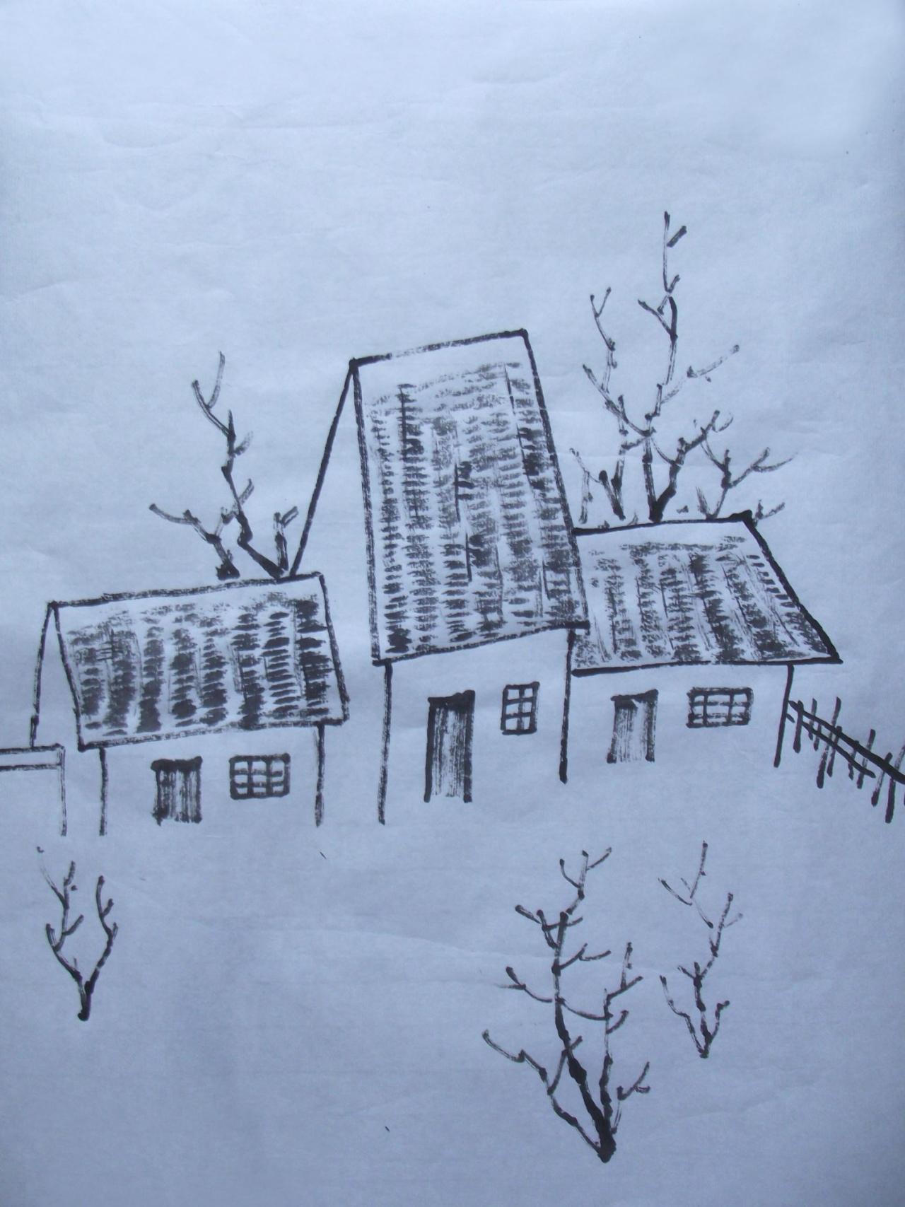 第三步,画出篱笆和树的枝干