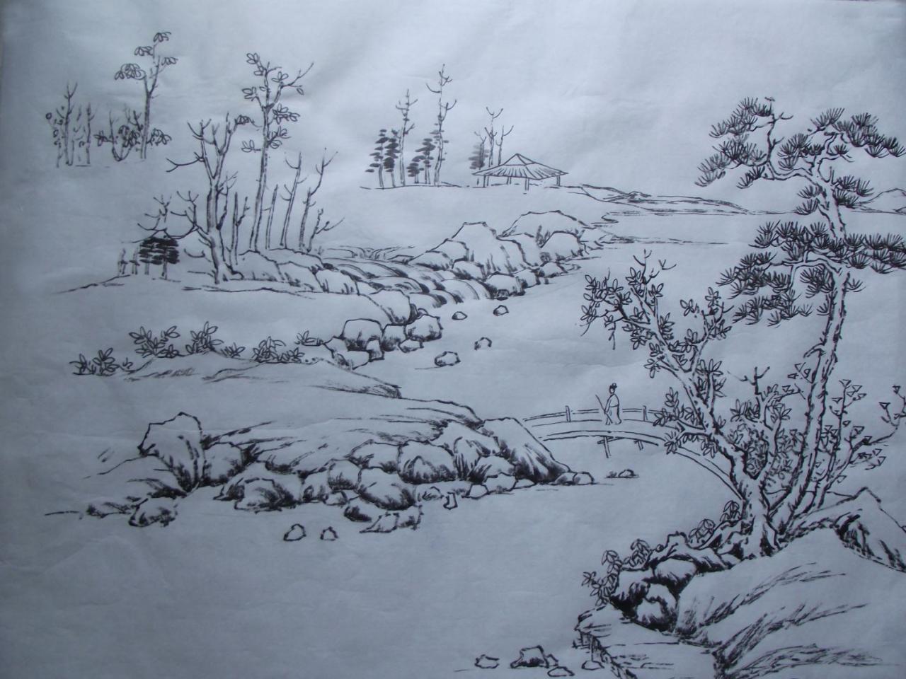 第二步，皴画树叶和山石