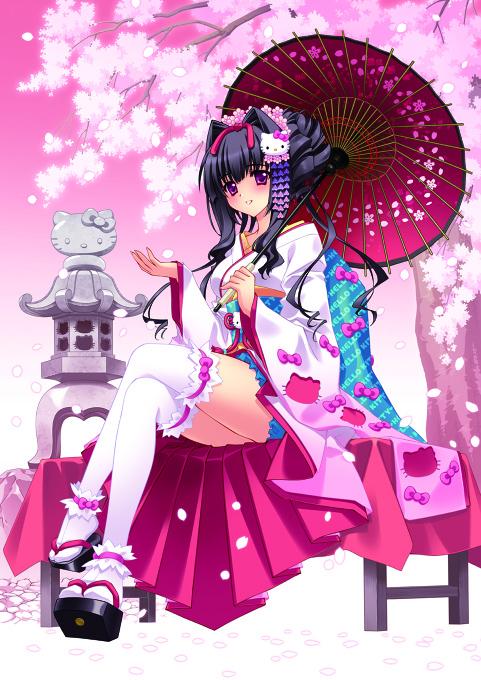 Hello Kitty萌娘化，雅咲久耶Hello Kitty版和服撑伞画
