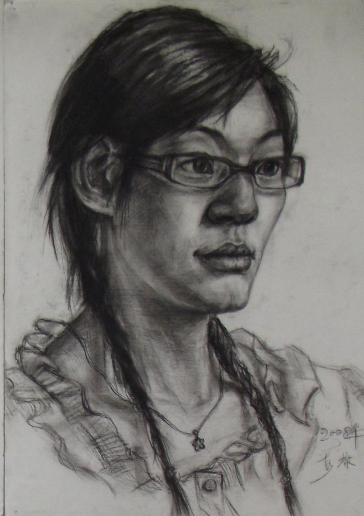 戴眼镜的青年女子头像 彭老师画