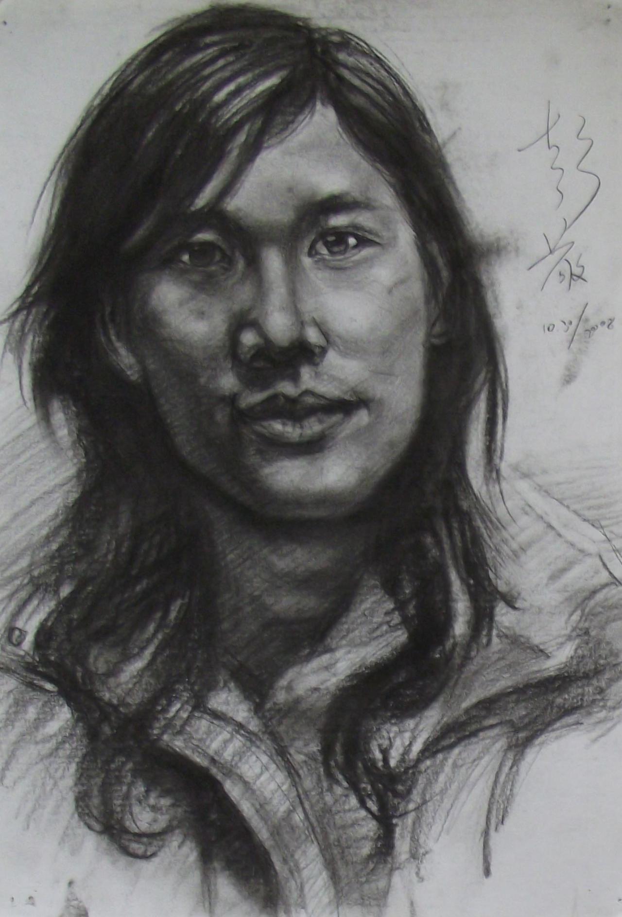 长头发的青年男子头像 彭老师画