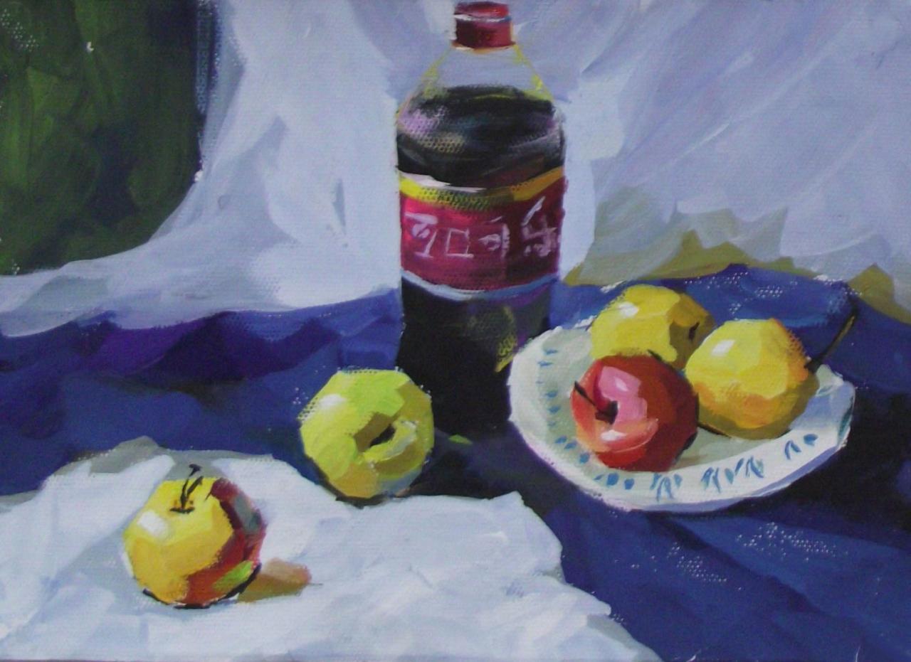 可口可乐、盘子和水果等静物水粉 彭老师画
