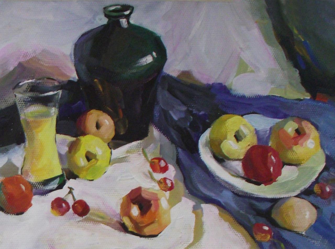 坛子、杯子、水果和盘子等静物水粉 彭老师画