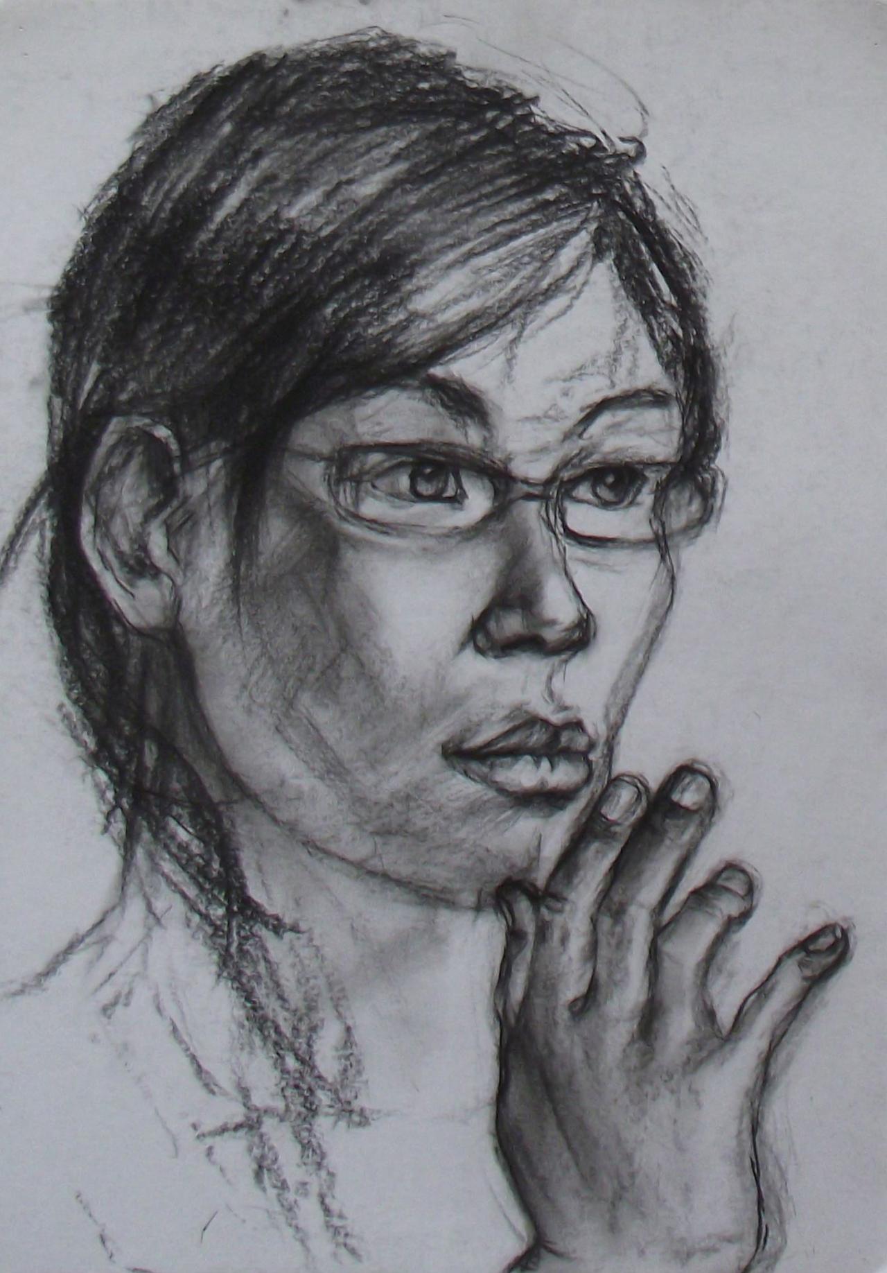 戴眼镜的青年女子头像 彭老师画