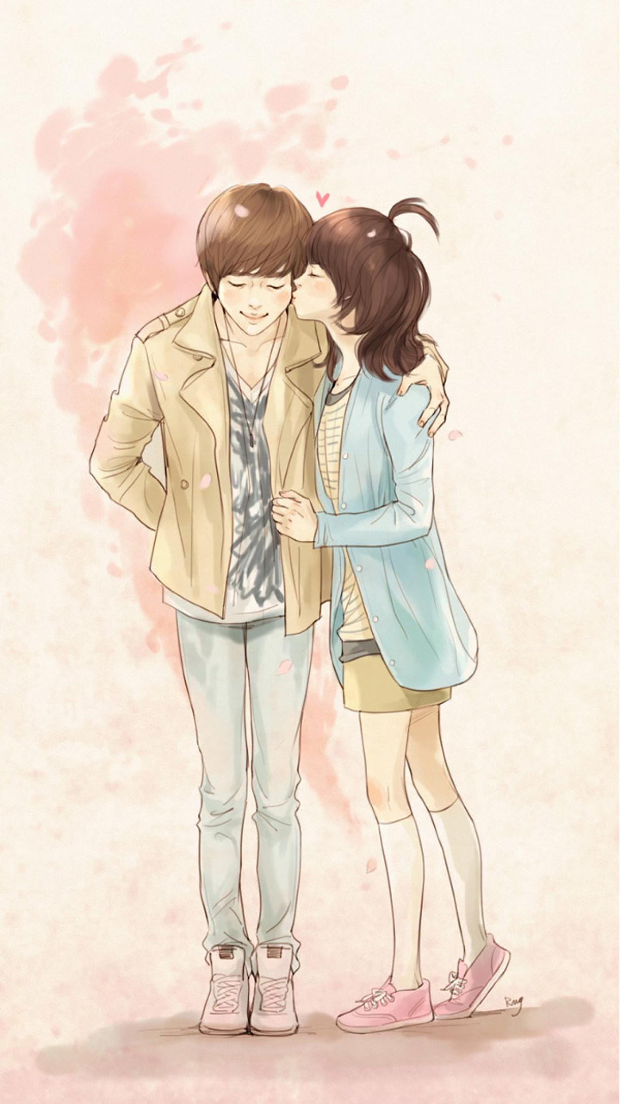 男孩低头，呆毛女生凑在男生耳边，正要亲吻男孩的脸颊。 랭小姐画