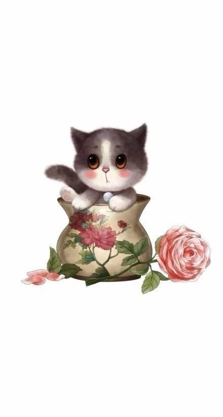 在花纹陶罐里的茶杯猫 手机壁纸