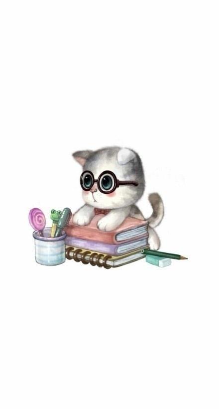 扒在一摞书上的戴着眼镜的茶杯猫 手机壁纸