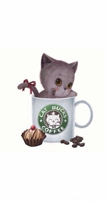 坐在茶杯里绑着礼物带子的茶杯猫 手机壁纸