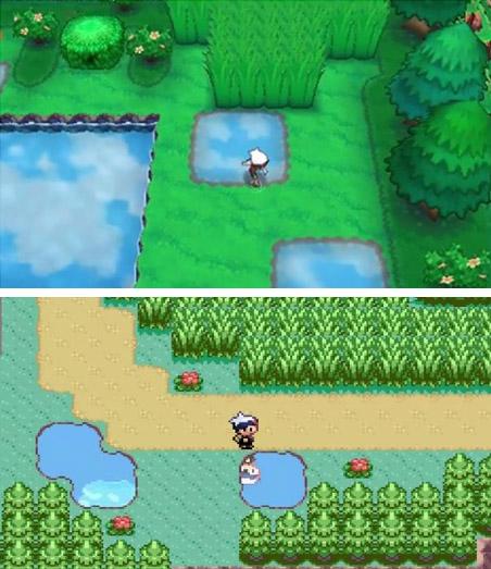 草丛、水面地形 口袋妖怪红蓝宝石重制版（上）及原版（下）对比图