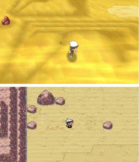 风沙好大呀，沙漠地形 口袋妖怪红蓝宝石重制版（上）及原版（下）对比图