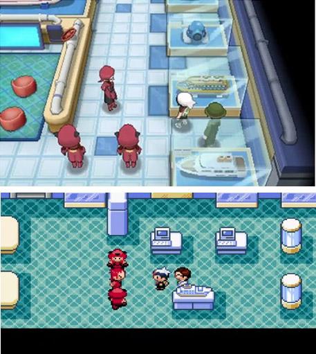 主角和反派在研究所里的决斗 口袋妖怪红蓝宝石重制版（上）及原版（下）对比图