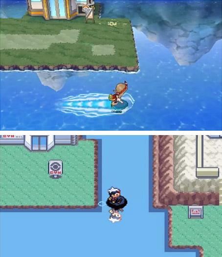 在水面上游泳 口袋妖怪红蓝宝石重制版（上）及原版（下）对比图