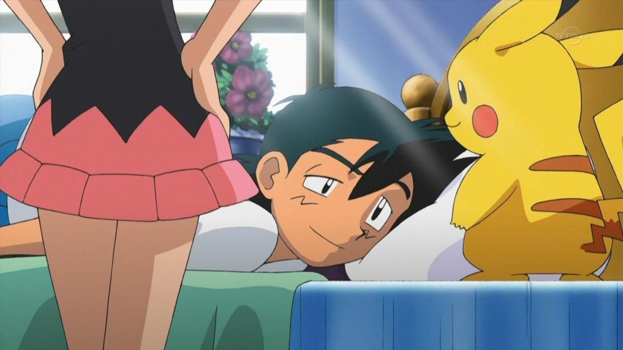 小智扒在床上，小光和皮卡丘在旁边来看他