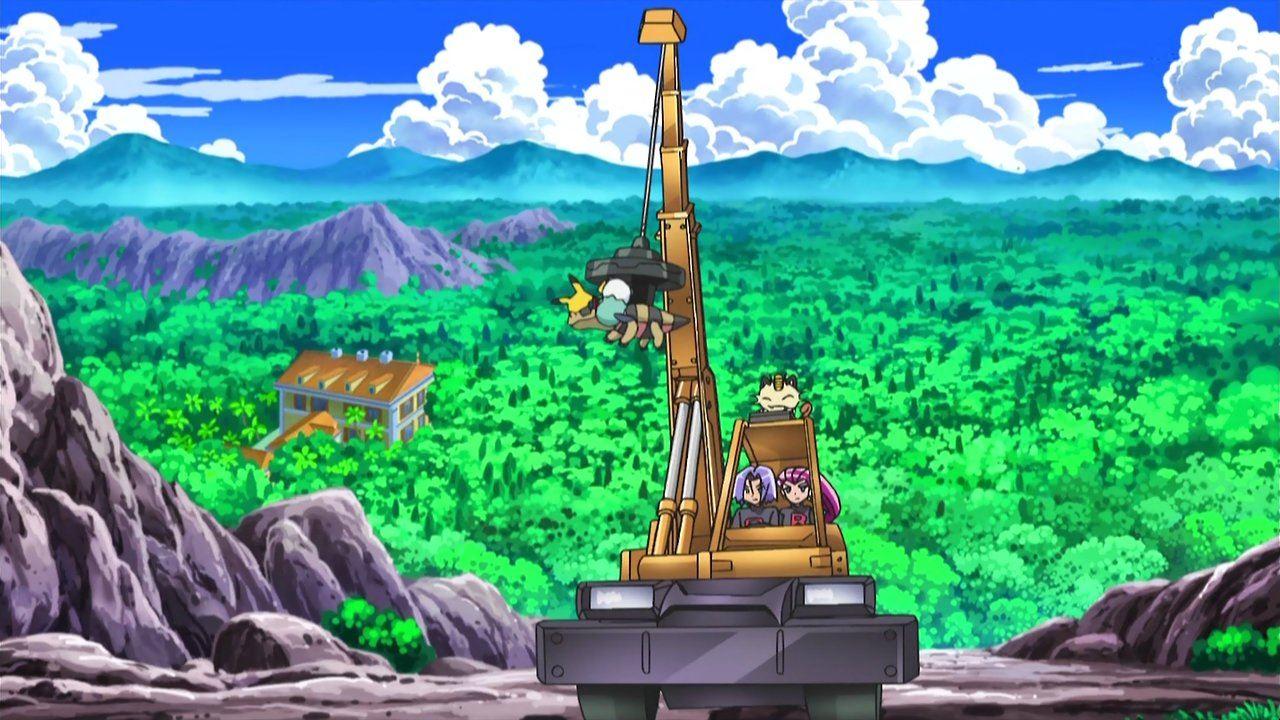 火箭队喵喵、武藏和小次郎的登场，总会用各种新奇的发明来抓皮卡丘，图为磁铁吊车