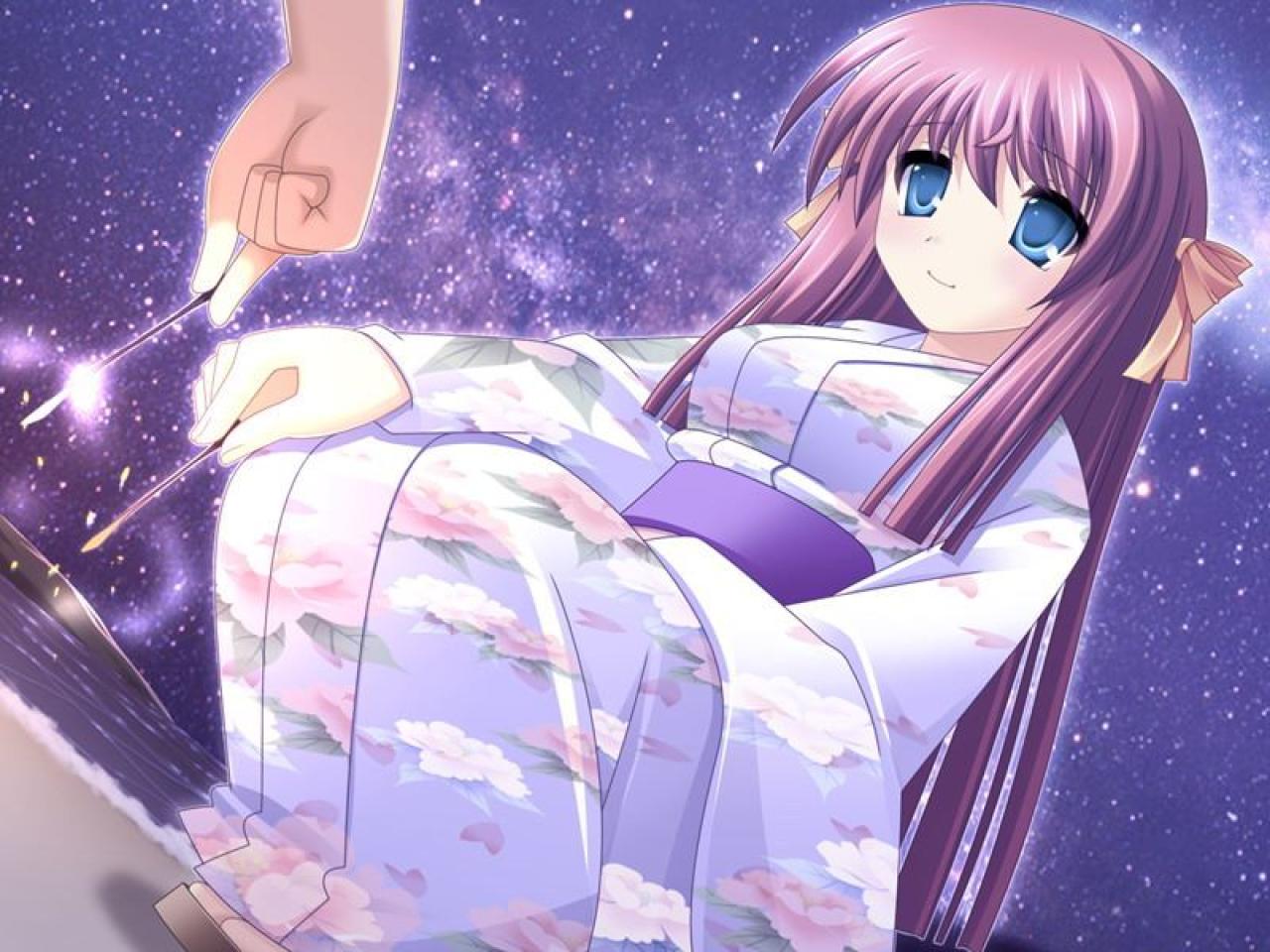 姫ノ宫深晴穿着和服在星空下和持田千寻点亮仙女棒