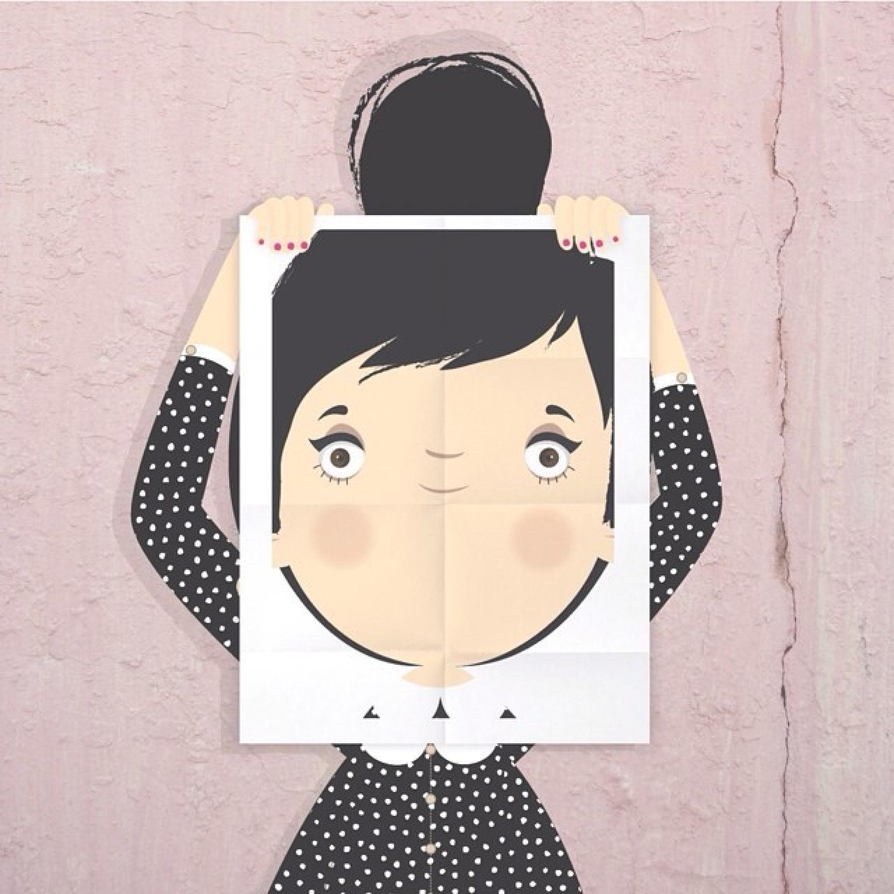 躲在纸后面自绘的可爱女生大头头像