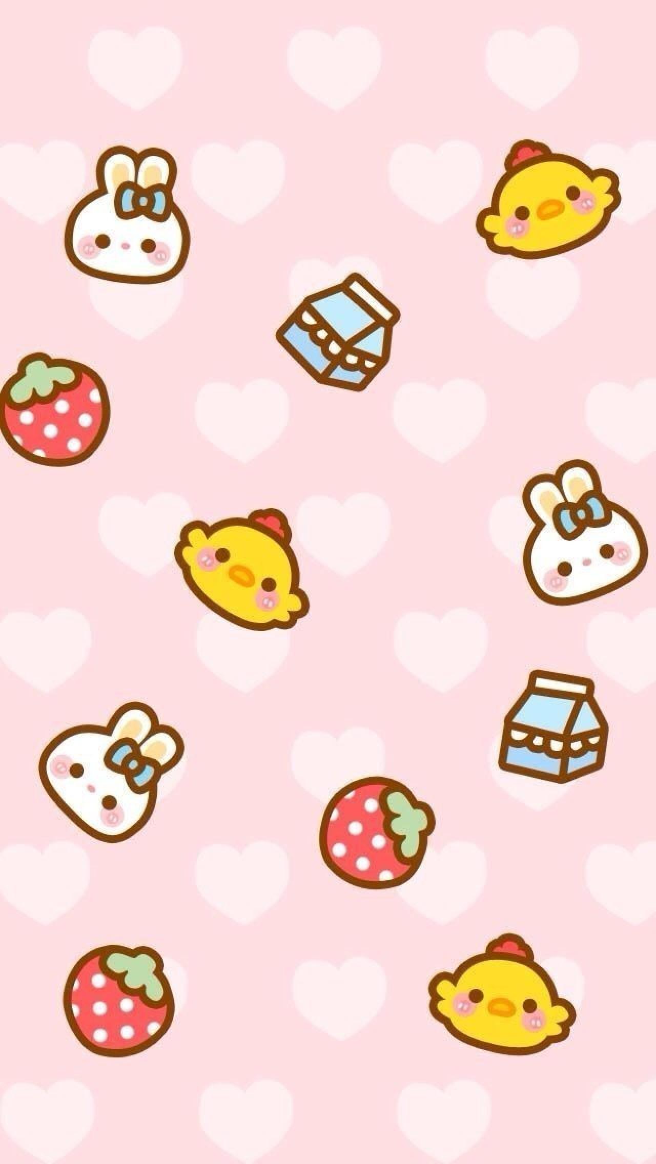 粉色心形，小鸡、小兔子、草莓图案手机壁纸