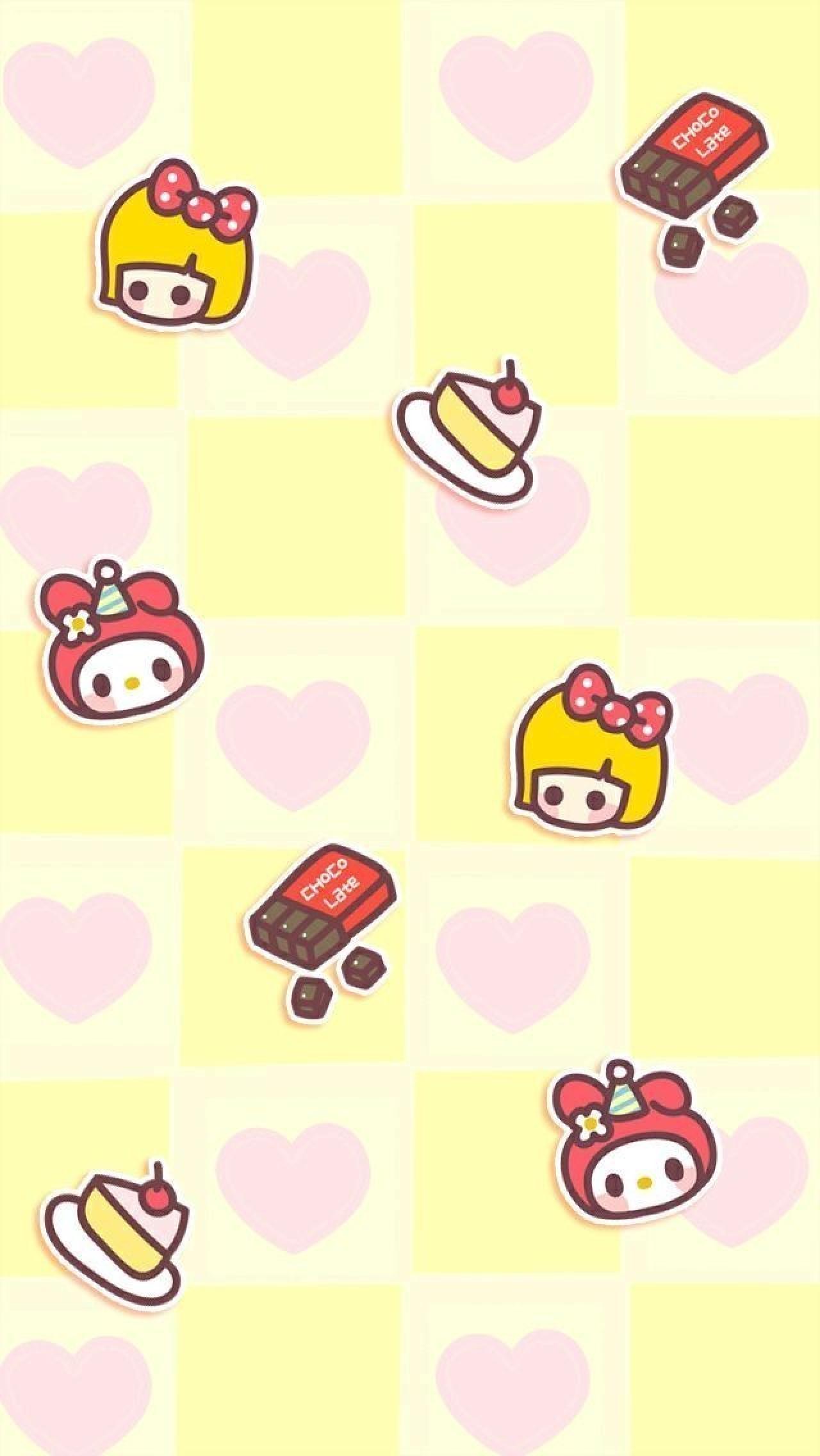 黄色格子，紫色心形背景，小女孩，小甜点等图案手机壁纸